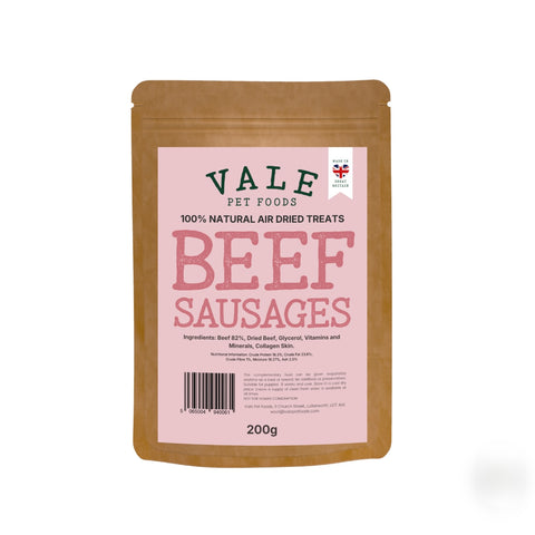 Vale Pet Foods | Beef Sausages | Air-Dried Natural Dog Treats (200g)